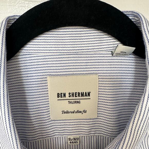 BEN SHERMAN Mens Blue Striped Tailored Slim Fit Button Down Shirt Size 17 1/2 - Picture 4 of 8